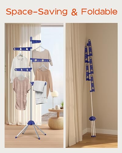 CASAMAYA Clothes Drying Rack Foldable, 70.9 inch Tripod Drying Rack for 35 Pieces of Clothes, with Height-Adjustable Rotatable Clothes Rails, Space Saving, Stainless Steel, Blue and Silver CDR005Q01 - color: Blue + Silver, size: 5-Tier Standard