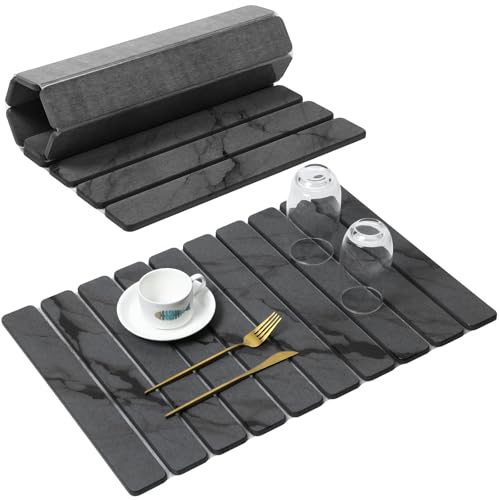 Large Stone Dish Drying Mat for Kitchen Counter, Quick Dry Stone Dishes Mats, Foldable Water Absorbing Diatomaceous Drying Pad for Countertop Bottles Utensils Cups Bathroom (Dark Gray 24"x16") - color: Grey, size: 24" x 16"