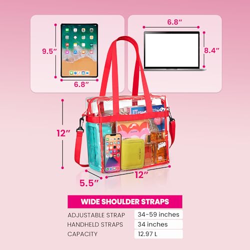 Handy Laundry Clear Bag 12x6x12 Stadium Approved Tote, Zipper Strap - color: Red