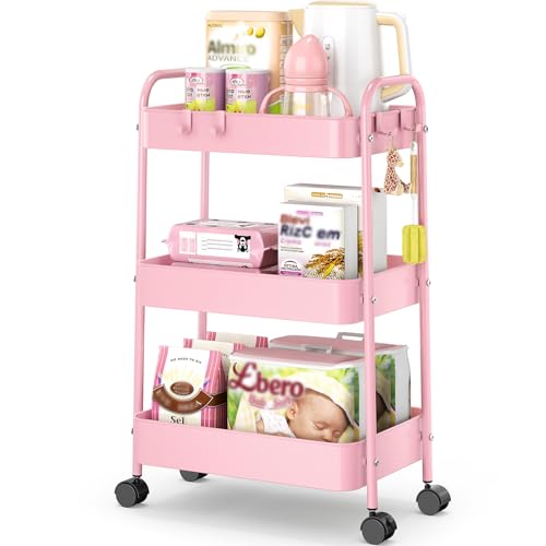 TOOLF 3 Tier Rolling Cart, Metal Utility Storage Cart with Wheels, Pink | 4 Hooks, Lockable Wheels, Trolley Organizer for Bathroom, Kitchen, Office, Nursery, Dorm, Laundry Room