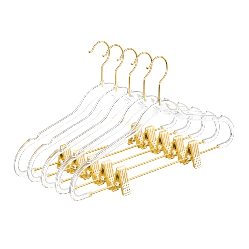 MIZGI Slim Clear Gold Pants & Skirt Hangers (20 Pack) – Adjustable Clips & Hooks, Transparent Non-Felt, Space-Saving for Dresses, Shirts, Blouses - color: Clear/Gold, size: 20-Pack