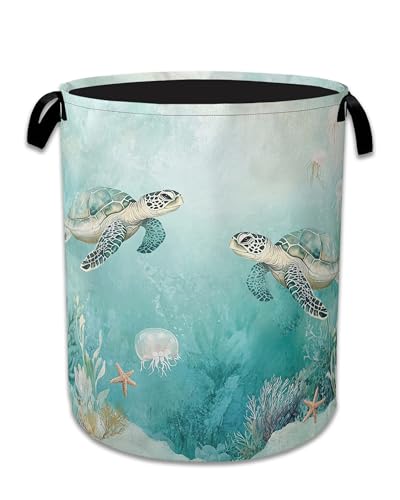 Sea Turtles Laundry Basket,Foldable Oxford Cloth Jellyfish Coral Laundry Hamper with Handles, 20.8"x16" Tote Bag Clothes Storage Bucket for Laundry Room/Bathroom/Bedroom/Dormitories - color: Sea Turtles Jellyfish Coral