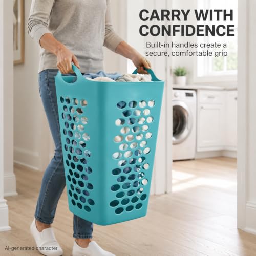Teal Square Laundry Hamper 2 Bushel, Flexible Plastic Basket - color: Blue-Handle-2 Bushel