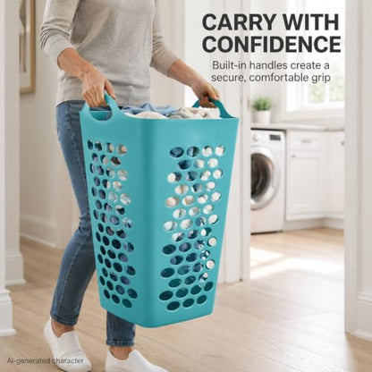 Teal Square Laundry Hamper 2 Bushel, Flexible Plastic Basket - color: Blue-Handle-2 Bushel