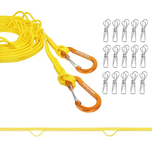 Portable Travel Clothesline, Windproof Clothes Laundry Line with Clothespins & Hang Holes, Indoor & Outdoor Clothes Drying Rope for Hotel, Backyard,Cruise Ships, Camping (Yellow, 20 Ft) - size: 20 Ft