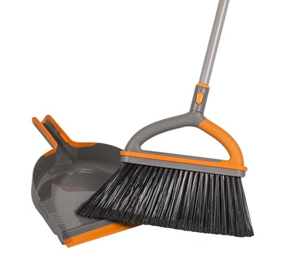 Casabella Ergo Broom & Dustpan Set Angled Broom with Replaceable Bristle Head & Hang Loop, 54-Inch, Gray - style: Indoor