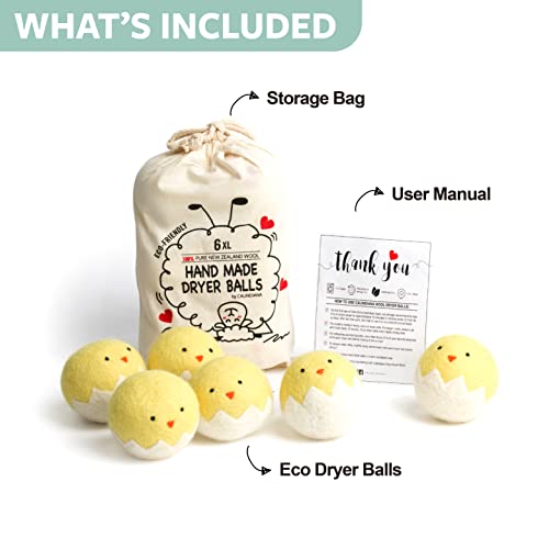 Calindiana 100% Organic Premium New Zealand Wool Dryer Balls Laundry Reusable Fabric Softener, Cute Dryer Sheets Alternative, Anti Static XL Size 6 Pack, Yellow Chick - color: Yellow