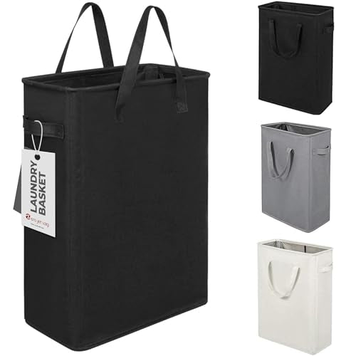 Slim Laundry Hamper With Handles Collapsible Laundry Basket Thin Dirty Clothes Basket Narrow Laundry Bag Foldable Dirty Clothes Hamper 45L (21 inches,Black) - color: Black