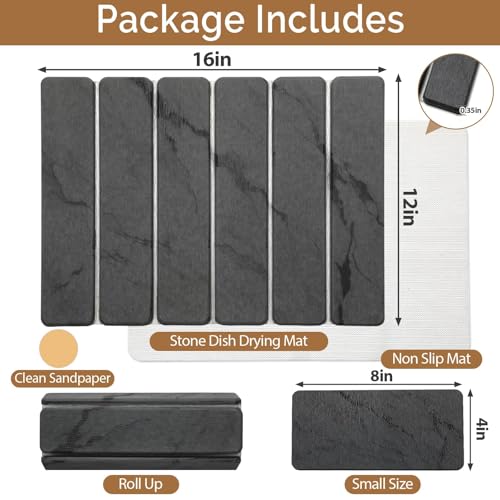 Small Stone Dish Drying Mat for Kitchen Counter, 2 PCS 16"×12" & 8"x4" Quick Dry Stone Mats, Foldable Water Absorbing Diatomaceous Earth Drying Dish Pad for Countertop Bottles Utensils Cups(Dark Gray) - color: Dark Gray, size: 16" x 12"