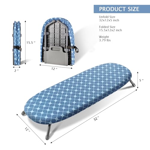 SheeChung Small Ironing Board 12"x32",Foldable Tabletop Ironing Board - style: Blue Square-32x12