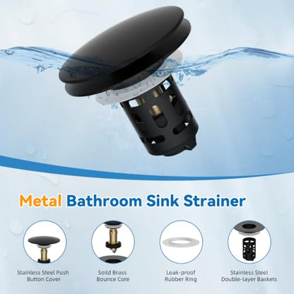 Universal Metal Bathroom Sink Stopper, Pop-Up Hair Catcher Strainer, Black - color: Matte Black