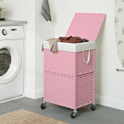 Chrislley Wicker Laundry Basket with Wheels,Rolling Laundry Hamper with Lid - color: Pink