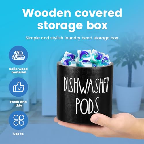 Round Dishwasher Pods Container, Wood Dishwasher Pod Holder with Lid for Kitchen Decor, Laundry Pod Container for Laundry Detergent Storage (Black) - color: Black