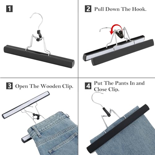 AMKUFO 12 Pack Black Wooden Pants Hangers with Clips Non Slip Skirt Hangers Trouser Clamp Hanger Solid Wood Hanger with 360° Swivel Hook - color: Black, size: 12 Pack
