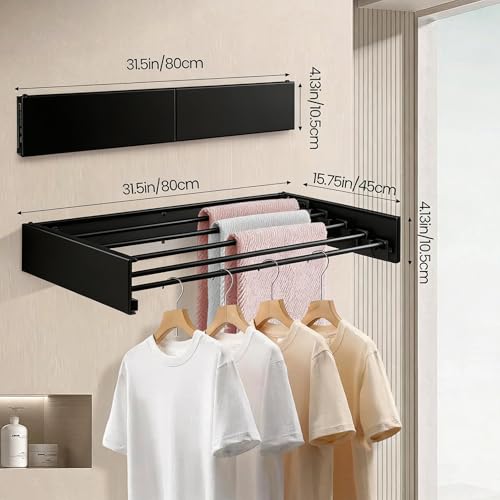Wall Mounted Laundry Drying Rack, Carbon Steel Foldable & Retractable Clothes Drying Rack, Space Saving Adjustable Towel Holder for Bathroom, Laundry, Small Spaces (1, Black, 80cm) - color: Black, size: 31.5"