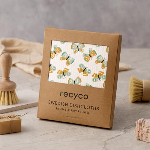 RECYCO Swedish Dishcloths for Kitchen | 5 Pack Gingham Flutter Washable Dish Rags | Cellulose Reusable Cleaning Paper Towels | Absorbent Counter Dish Cloth Sponge Kitchen Wipes, 8" L x 7" W - color: Gingham Flutter - 5 Pack