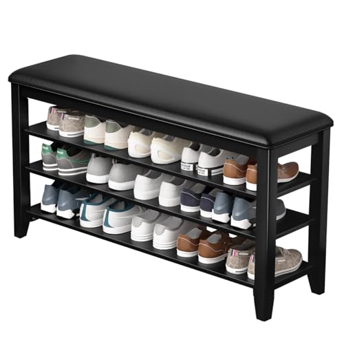 Taitiy Shoe Rack Bench with 3 Tier Adjustable Shelves Rubberwood Entryway - color: Black, size: 39.4''