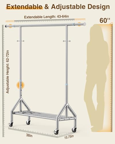 Upgraded 100% Stainless Steel Clothing Rack Load 760LBS, Heavy Duty Clothes Racks with Larger & Sturdy Wheel, Extendable & Adjustable Rolling Garment with Shelves for Hanging Portable Closet Rack - color: Chrome, style: 1 Single Rod