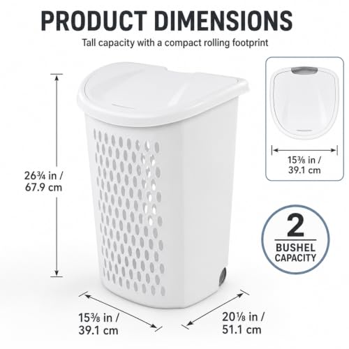 White Rolling Laundry Hamper with Wheels & Handle, 2 Bushel - color: White -Wheel-2 Bushel