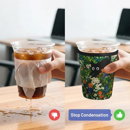 Iced Coffee Sleeve Reusable Neoprene Cup Sleeves, Cat Garden - color: Cat Garden
