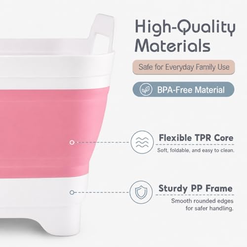 Collapsible Dish Basin with Drain Plug, Foldable Wash Basin 2.4 Gal (9L) - color: Pink