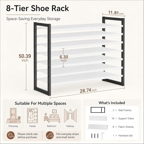 8-Tier Tall Shoe Rack, Stackable Zero-Wobble Metal Frame with Screw-Fastened Joints, 11.8" Deep Heel-Friendly Non-Woven Shelves, Space-Saving Shoe Tower for Closet Entryway Bedroom - size: 8-Tier