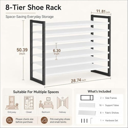 8-Tier Tall Shoe Rack, Stackable Zero-Wobble Metal Frame with Screw-Fastened Joints, 11.8" Deep Heel-Friendly Non-Woven Shelves, Space-Saving Shoe Tower for Closet Entryway Bedroom - size: 8-Tier