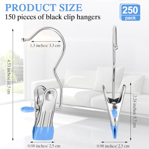 Yinder 250 Pcs Boot Hangers Clips Laundry Hooks Hanging Stainless Steel Clothes Pins Portable Clip Hangers for Closet Travel Socks Pants Handbags Hats Towels (Blue) - color: Blue