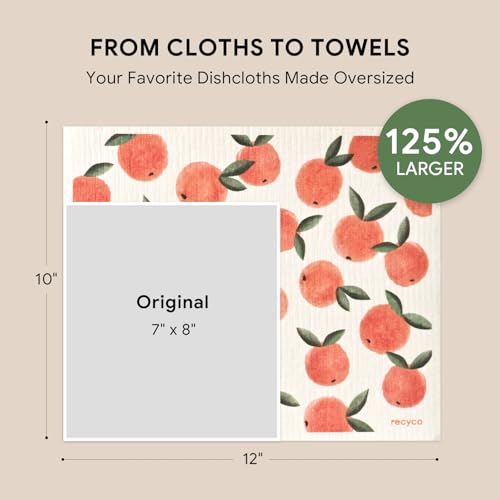 RECYCO Swedish Dishcloths for Kitchen | 4 Pack Oversized Washable Dish Rags | Large Cellulose Reusable Cleaning Paper Towels | Absorbent Counter Dish Cloth Sponge XL Kitchen Wipes, 12" L x 10" W - color: Peachy Leaves - Xl 4 Pack