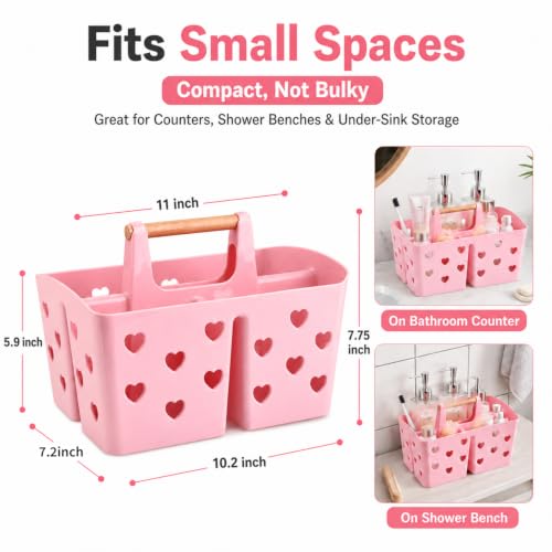 Pink Portable Shower Caddy, Plastic Basket Organizer with Wooden Handle - color: Pink