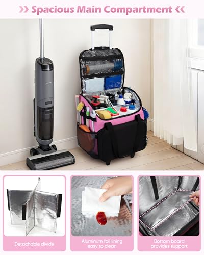 Marscamd Large Rolling Cleaning Caddy Bag with Detachable Trolley, Pink - color: Pink