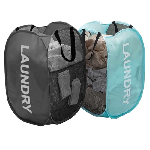 Mesh Pop Up Laundry Hampers, Collapsible Laundry Baskets Portable Clothes Hampers for Home, Dorm Room, Laundry Room, Cruise (Black + Blue) - color: Black + Blue