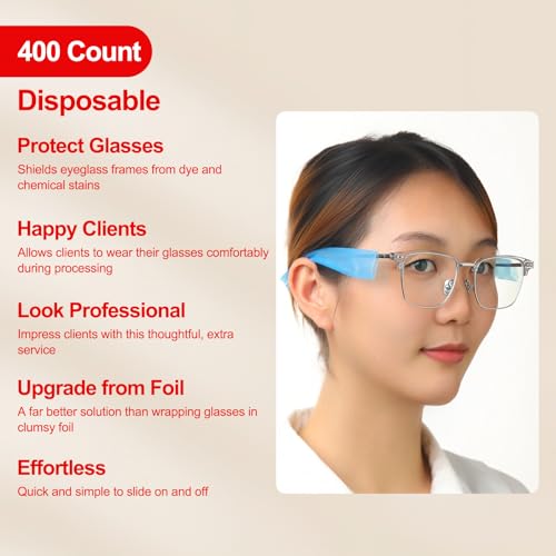 PERFEHAIR 400 Ct Disposable Eyeglass Sleeves | Glasses Protector for Salon Hair Color & Dye | Eyeglass Arm Covers in Dispenser Box | Black & Blue, 2 Pack of 200