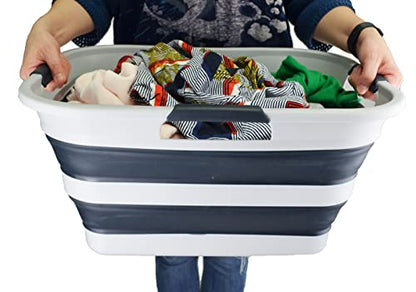 SAMMART 30L(8 gallon) Collapsible Plastic Laundry Basket - Foldable Pop Up Storage Container/Organizer - Space Saving Hamper/Basket - Water Capacity 24L(6.3 gallon) (1, Grey/Slate Grey) - color: Grey/Slate Grey