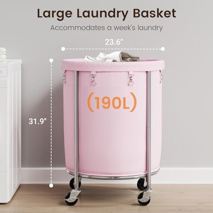 ELYKEN Laundry Basket with Wheels, Round Rolling Laundry Hamper, Pink - color: Pink, size: 190L