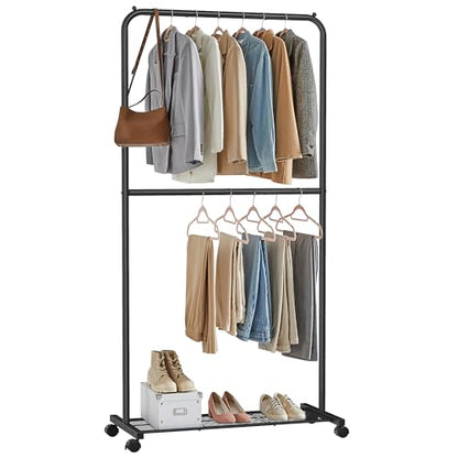 SONGMICS Clothes Rack with Wheels, Metal Garment Rack, Mesh Storage Shelf - color: Black, style: Middle Rod