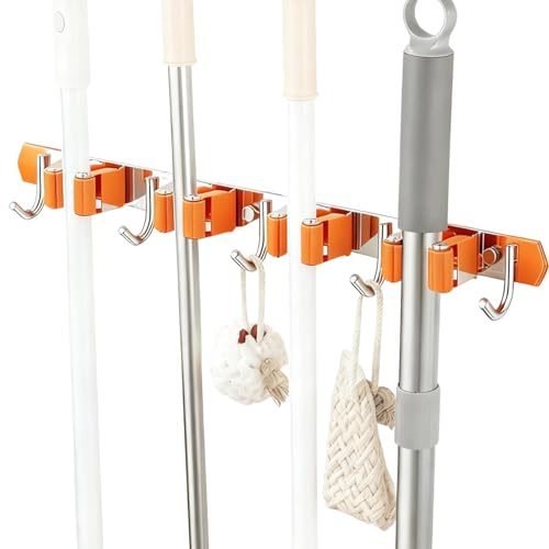 Saihisday Broom Hanger Wall Mount Stainless Steel Broom and Mop Holder Wall Mount Broom Holder, 19-Inch Utility Rack with 4 Racks and 5 Hooks for Kitchen, Garden, Laundry, and Garage (Orange Color) - color: Orange