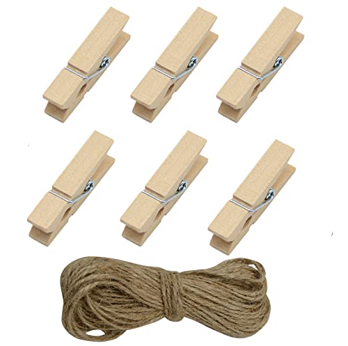 Clothes Pins, 100pcs Wood Color 1.3Inch (3.5cm) Small Wooden Chip Clips with 33 Feet Jute Twine for Bag Clips Clothespin Bag Clothes Pin Heavy Duty Outdoor - color: Wooden
