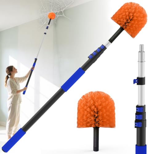 26FT Reach Cobweb Duster, Outdoor Spider Web Cleaner Brush with 5-20FT Telescoping Extension Pole, Aluminium Heavy Duty, Medium Stiff Bristles Spider Web Brush for Outdoor & Indoor Cleaning