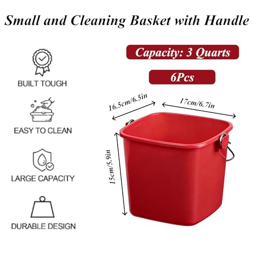 6 Packs 3 Quart Plastic Square Bucket with Handle, Heavy Duty Utility Bucket for Cleaning, Storage, Commercial and Household Use, Includes 6 Pack Cleaning Cloths