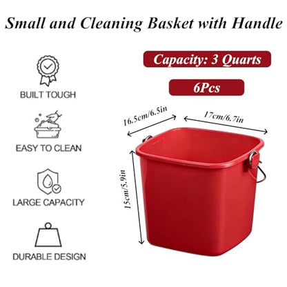 6 Packs 3 Quart Plastic Square Bucket with Handle, Heavy Duty Utility Bucket for Cleaning, Storage, Commercial and Household Use, Includes 6 Pack Cleaning Cloths