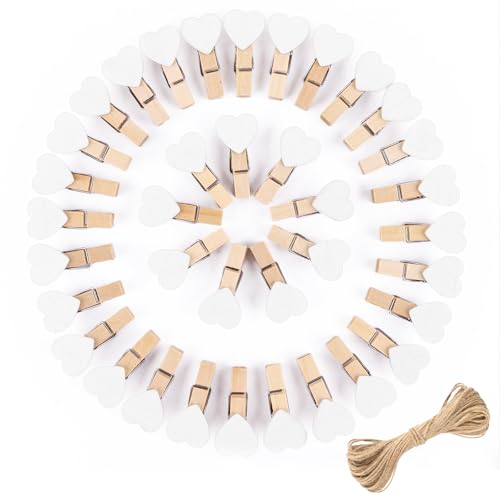 jijAcraft Clothespins with String - 50Pcs Mini Wooden Clothes Pins with Heart, White Heart Clips, 1.4Inch Small Photo Craft Clip for Baby Shower, Wedding, Birthday - color: White