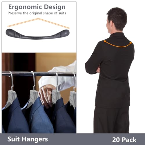DEDU Suit Hangers for Men 20 Pack, Sweater Hangers No Shoulder Bump Non Slip Width 17.7", Plastic Clothes Hangers Grey with Metal Hook - color: Grey-20