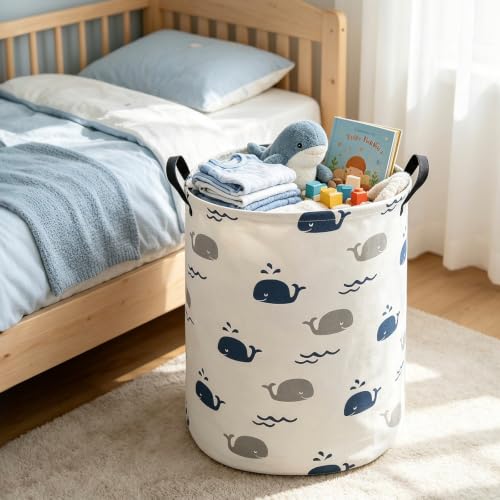 Foldable Waterproof Round Fabric Laundry Basket Home, Blue Cute Whale - color: Round-Blue Cute Whale