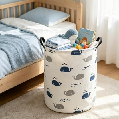 Foldable Waterproof Round Fabric Laundry Basket Home, Blue Cute Whale - color: Round-Blue Cute Whale