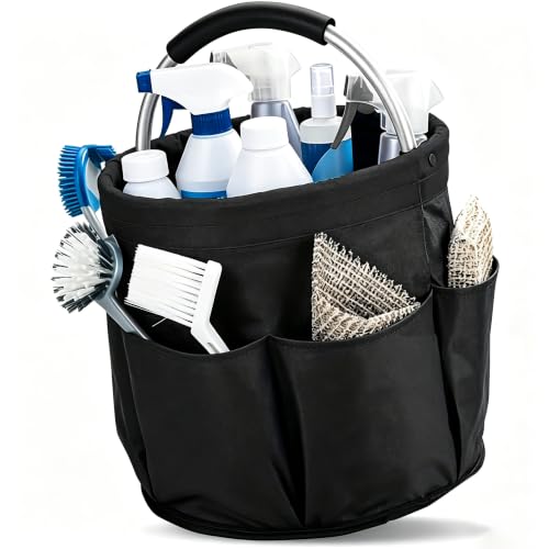 17L Cleaning Caddy with Handle, Cleaning Products Organiser,Foldable Storage Basket,Large Supply Organiser with 6 Pockets,Multi Cleaning Bucket Bag for Home,Garden,Picnic,Camping - color: Black