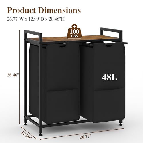 Laundry Sorter, 2 Section, Black, 26.8x13x28.5 Inch - size: 2 Bags-97L / Rustic Brown + Black