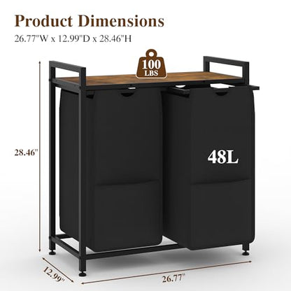 Laundry Sorter, 2 Section, Black, 26.8x13x28.5 Inch - size: 2 Bags-97L / Rustic Brown + Black