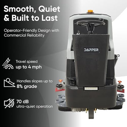 Battery Powered Ride-On Commercial Floor Scrubber Machine, 30" Brush, 39" Squeegee Width, 24 gal Solution Tank, 25 gal Recovery Tank, 5 hr Use 8 hr Charge, 180 RPM, 52,000 Sqft/H, Batteries Included - size: 30"