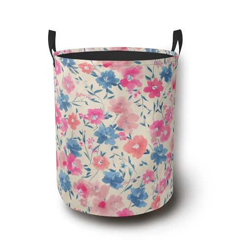 Colorful Pink Blue Flower Laundry Hamper,Floral Collapsible Laundry Basket with Handles Waterproof Storage Bin for Clothes Books Organizer Basket for Bedroom Bathroom Dormitories 16" x 20.8" - color: Colorful Pink Blue Flower Floral